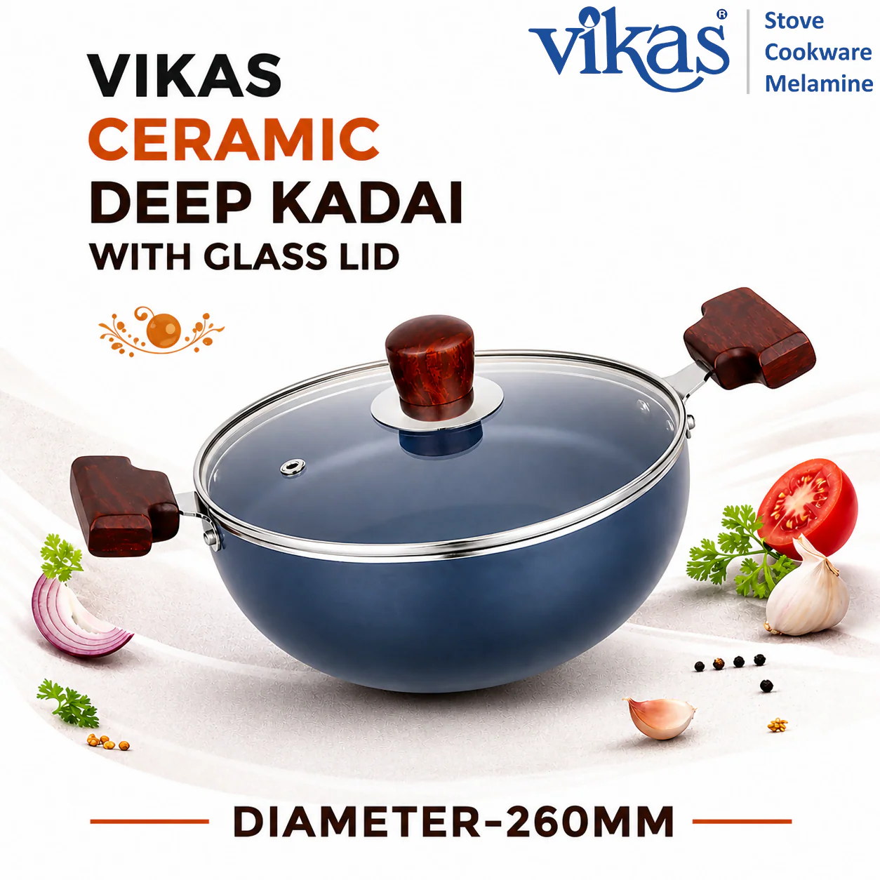 Vikas Ceramic Deep Kadai with Glass Lid & Wooden Handle Grey - Image 5