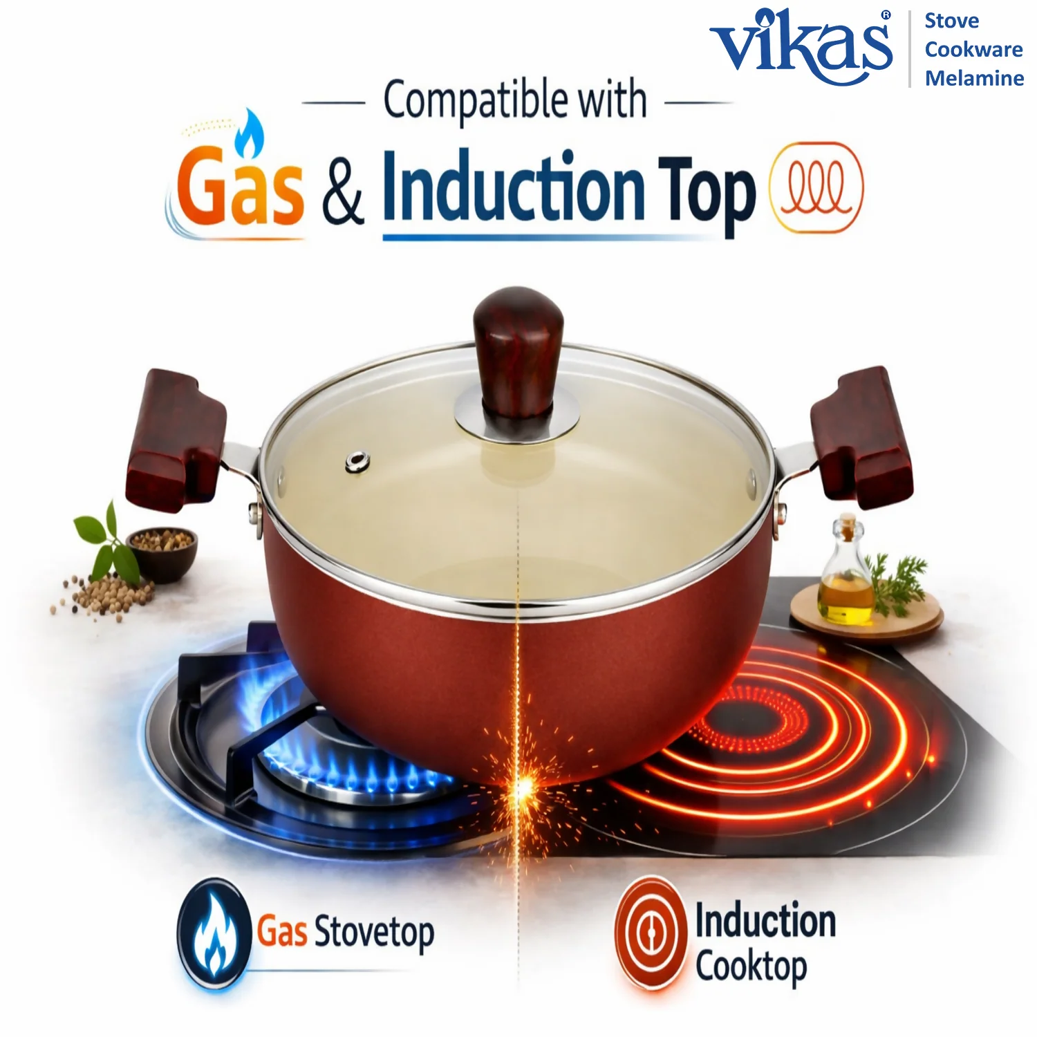 Vikas Ceramic Deep Kadai with Glass Lid & Wooden Handles Brown - Image 3
