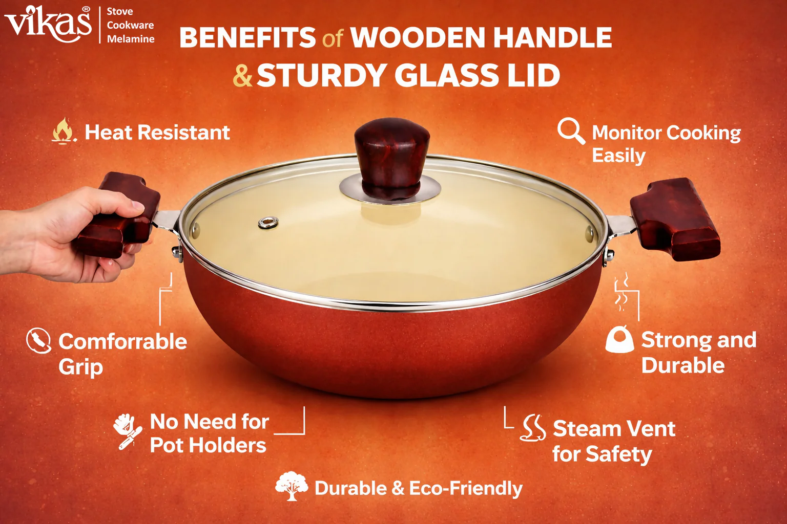Vikas Ceramic Deep Kadai with Glass Lid & Wooden Handles Brown - Image 4