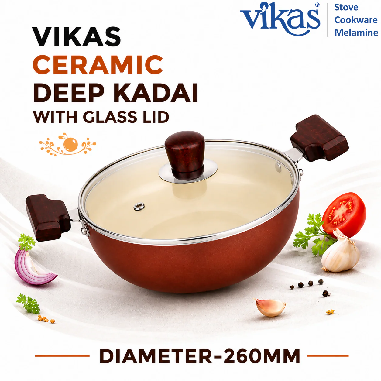 Vikas Ceramic Deep Kadai with Glass Lid & Wooden Handles Brown - Image 5