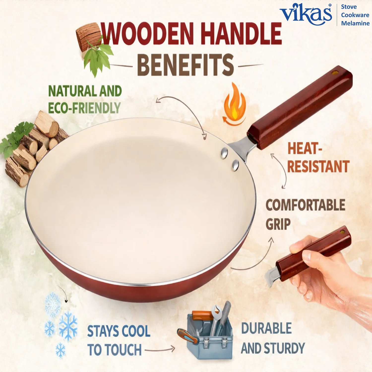 Vikas Ceramic Dosa Tawa with Wooden Handle Brown - Image 4