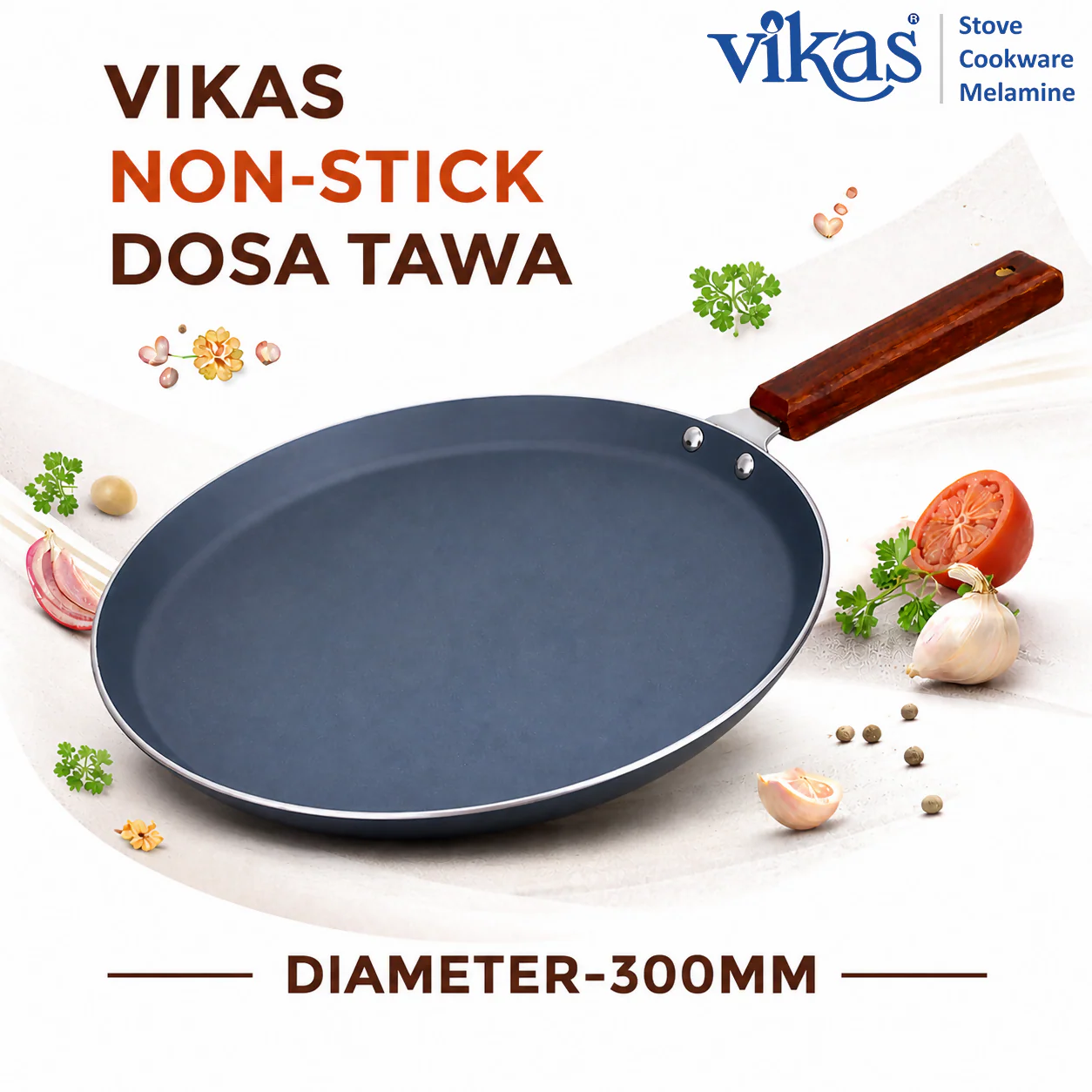 Vikas Ceramic Dosa Tawa with Wooden Handle Grey - Image 3