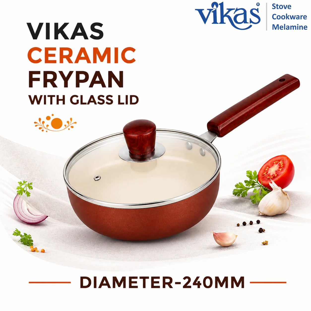 Vikas Ceramic Frypan with Glass Lid & Wooden Handle Brown - Image 2