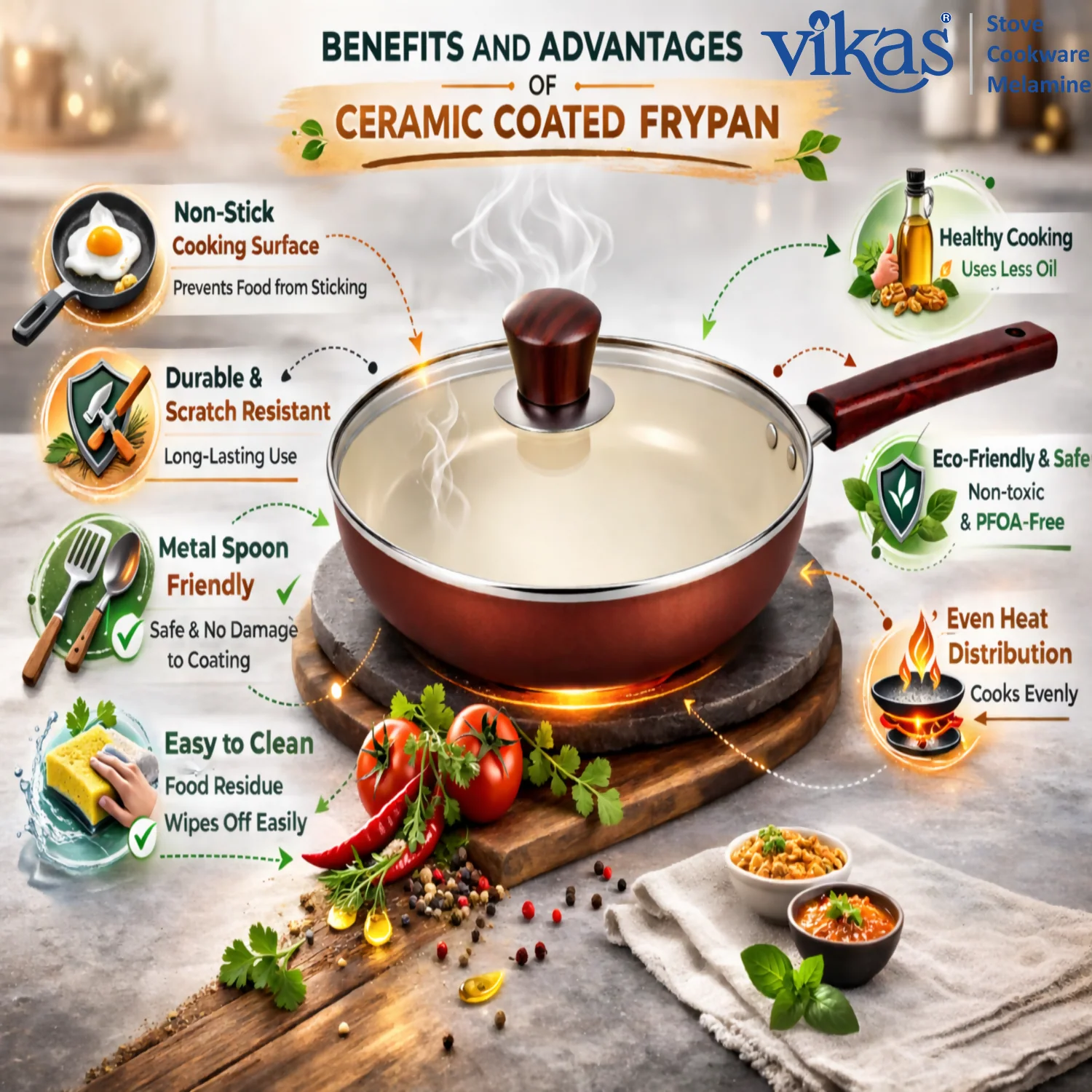 Vikas Ceramic Frypan with Glass Lid & Wooden Handle Brown - Image 3