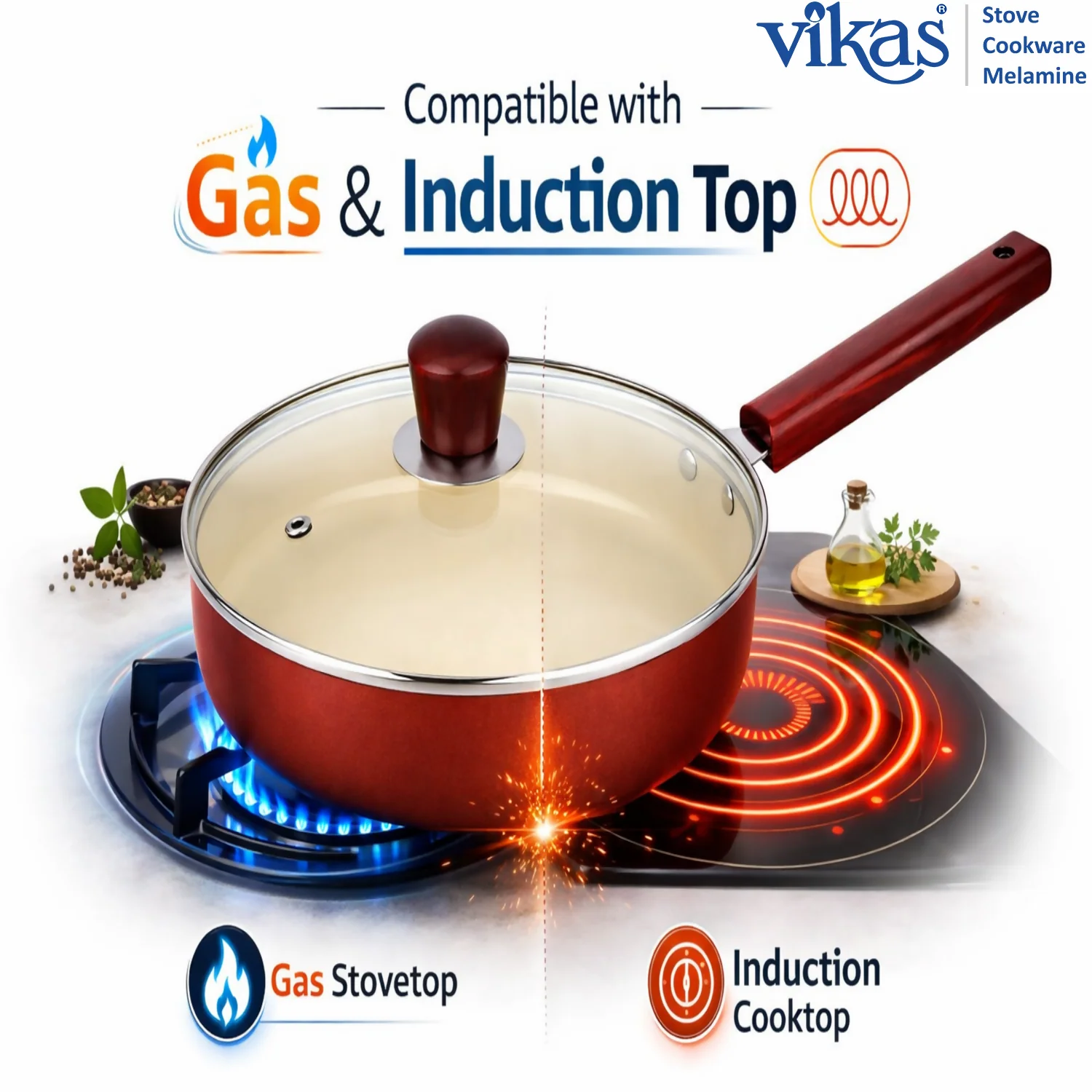 Vikas Ceramic Frypan with Glass Lid & Wooden Handle Brown - Image 4