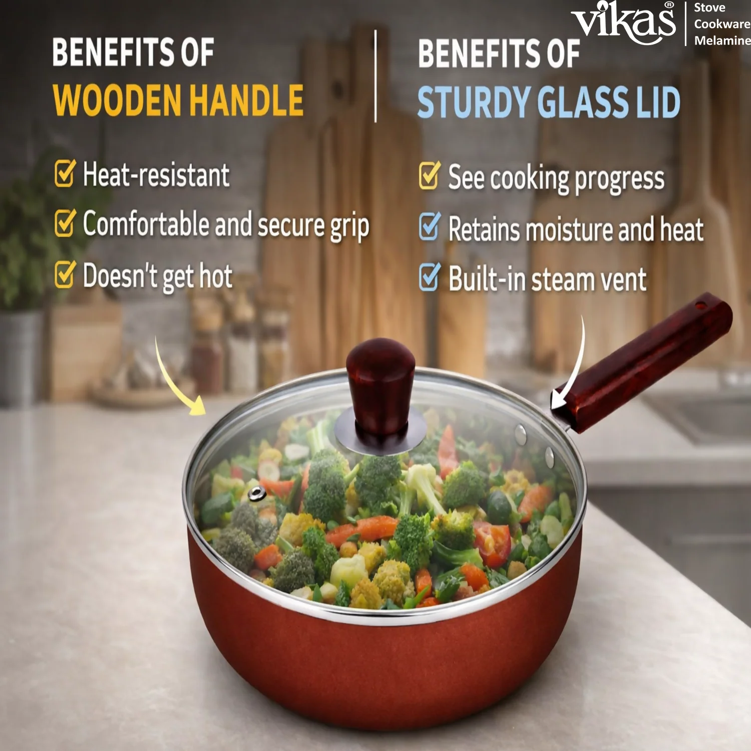 Vikas Ceramic Frypan with Glass Lid & Wooden Handle Brown - Image 5