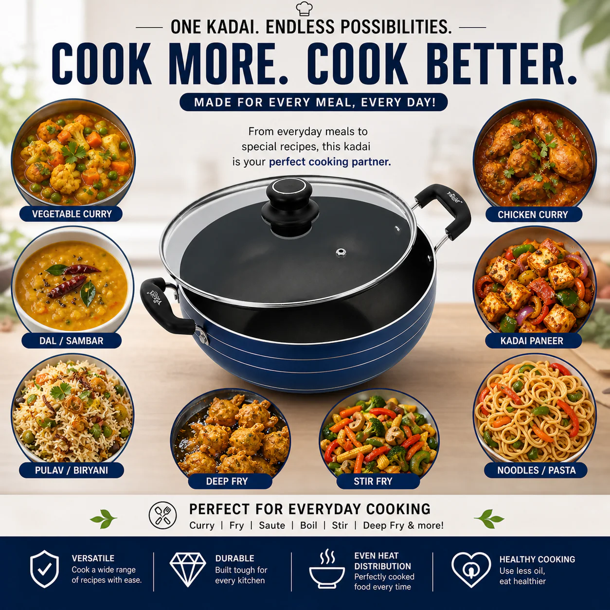 Vikas Deep Kadai with Glass Lid And Versatile Cooking Partner for Curries, Stir Fry, Biryani & More - Image 3