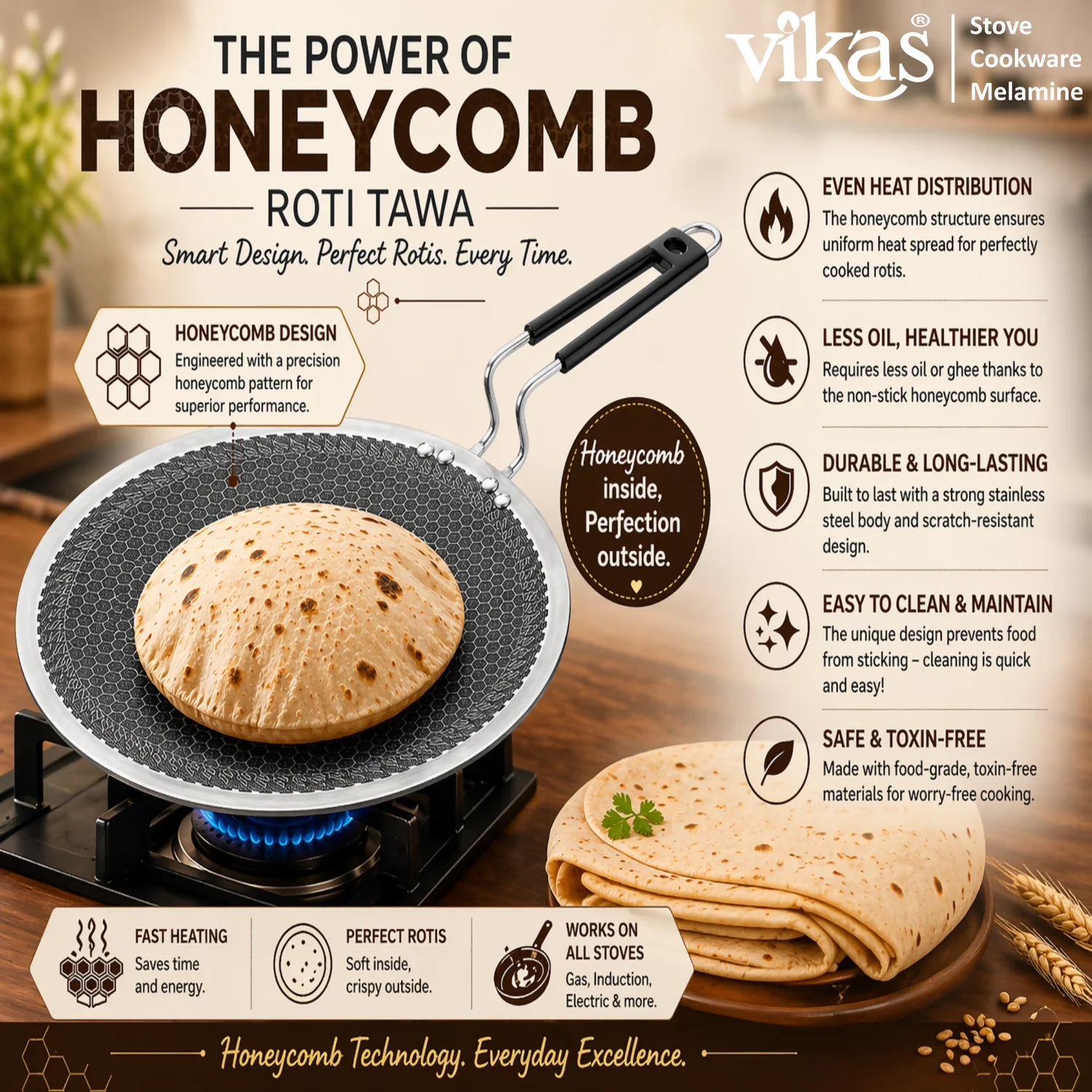 Vikas Honeycomb Roti Tawa Triply Cooking Tawa with Heat Resistant Handle - Image 4