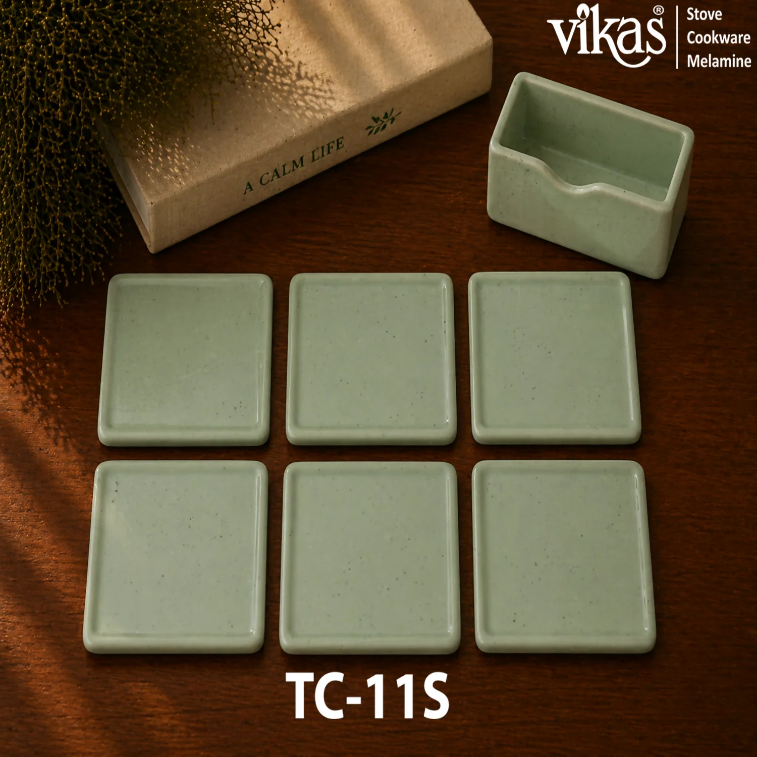 VIKAS Melamine Square Tea Coaster Set with Holder - Image 10