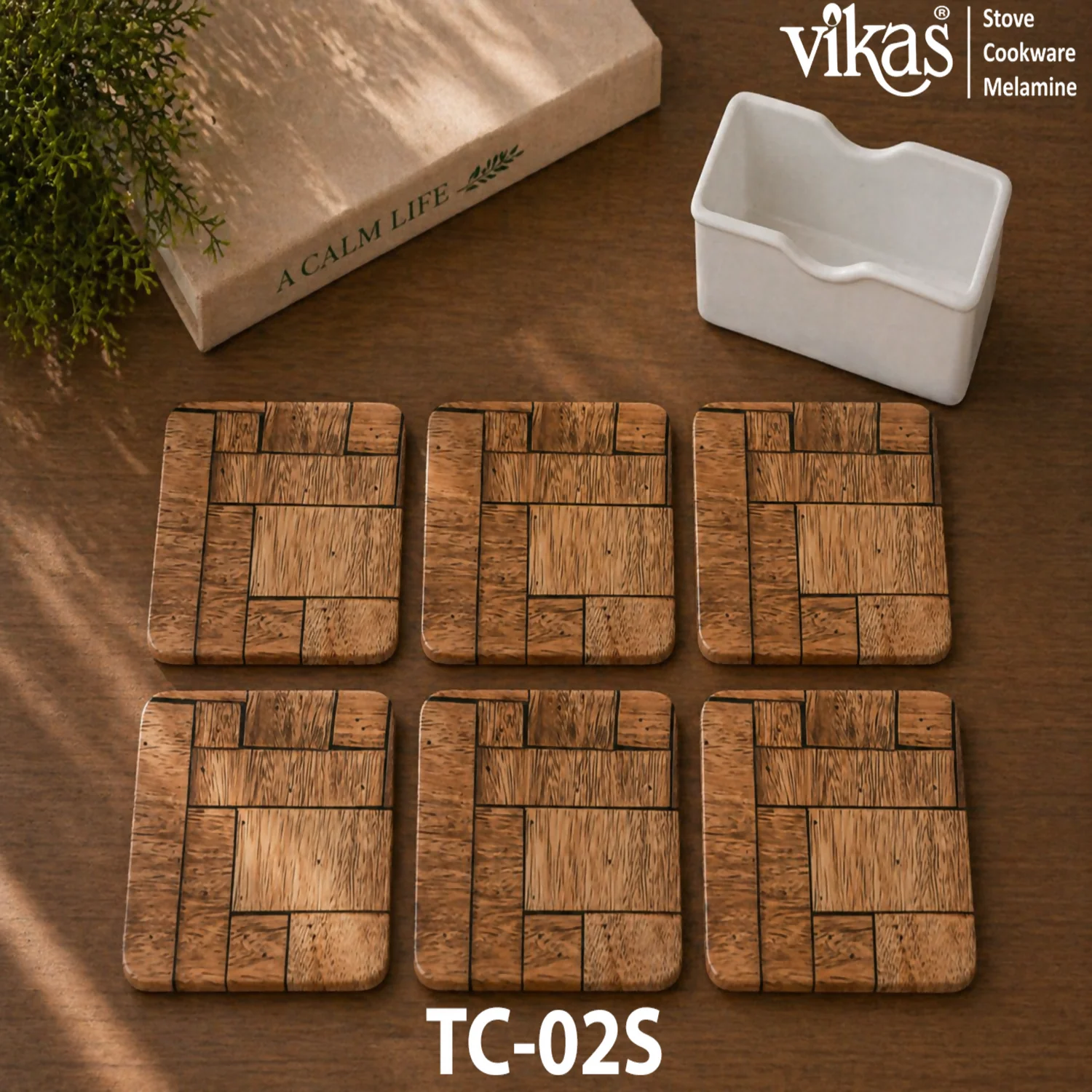 VIKAS Melamine Square Tea Coaster Set with Holder - Image 2