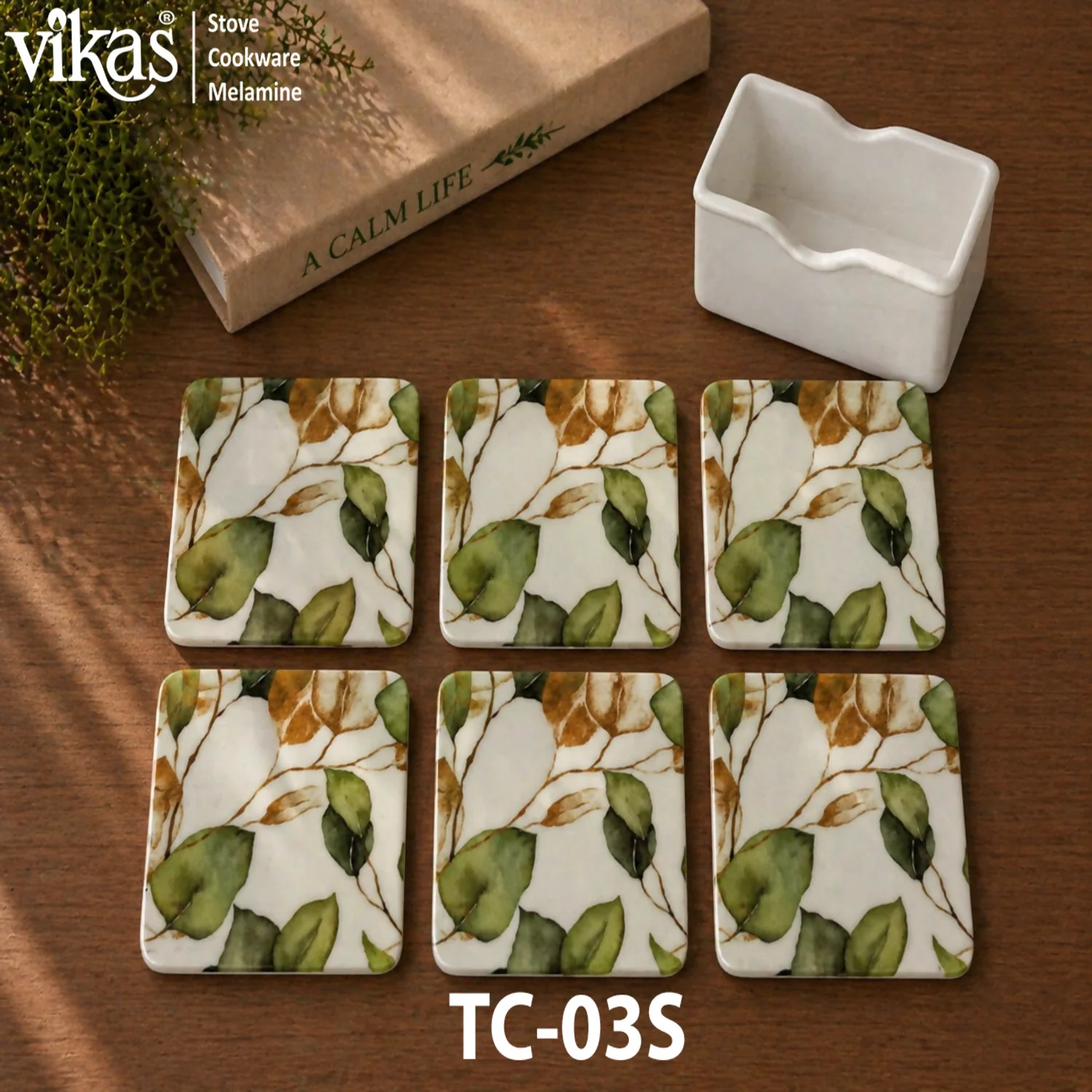 VIKAS Melamine Square Tea Coaster Set with Holder - Image 3