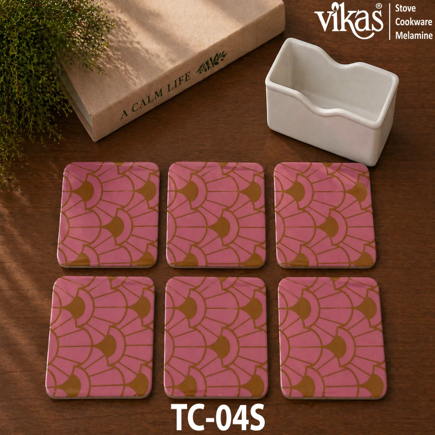 VIKAS Melamine Square Tea Coaster Set with Holder - Image 4