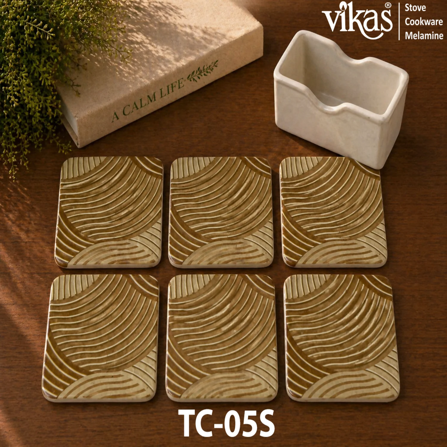 VIKAS Melamine Square Tea Coaster Set with Holder - Image 5