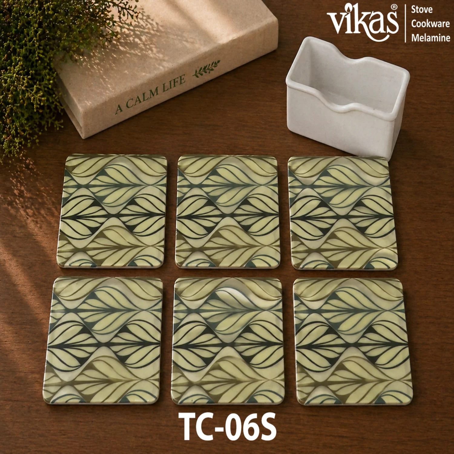 VIKAS Melamine Square Tea Coaster Set with Holder - Image 6