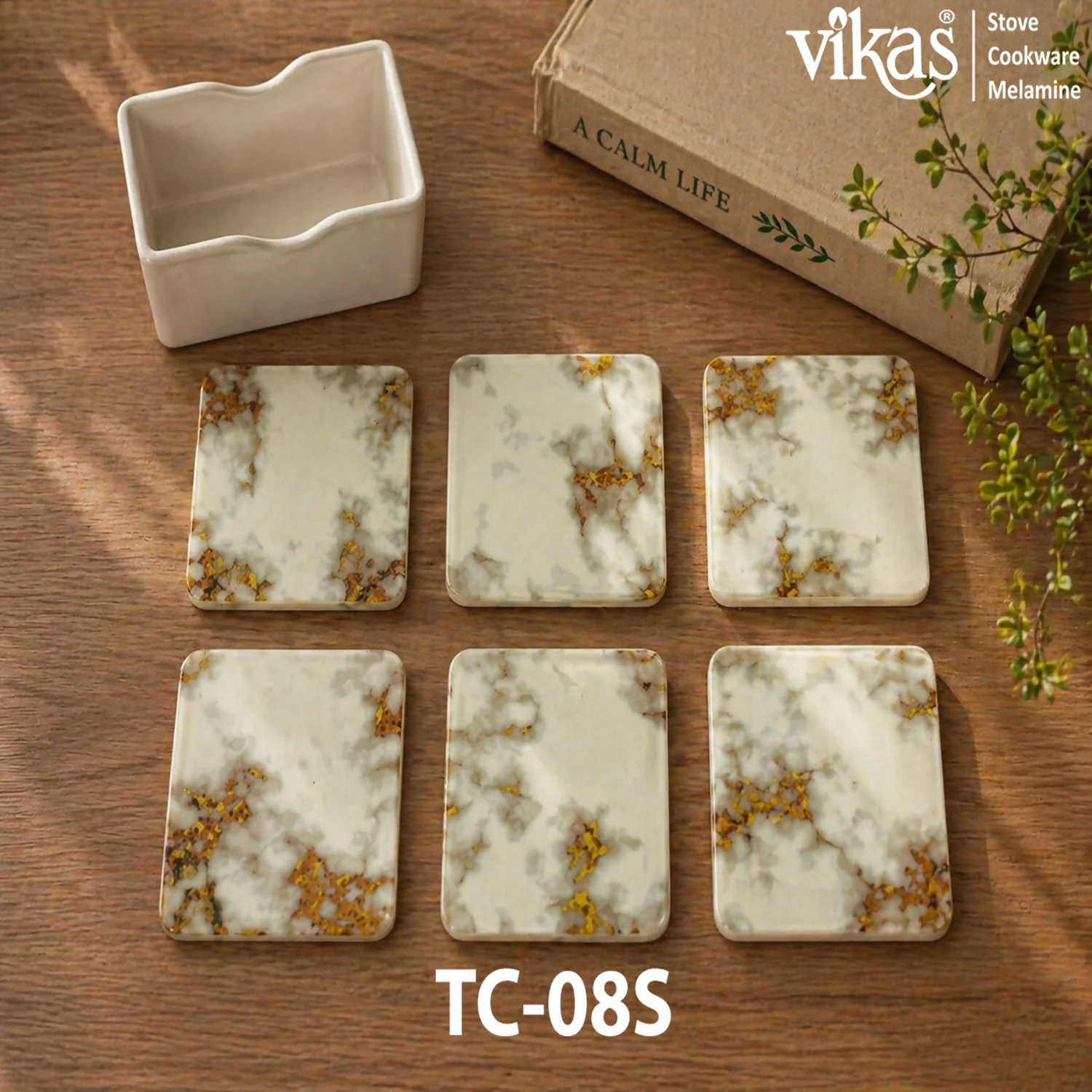 VIKAS Melamine Square Tea Coaster Set with Holder - Image 7