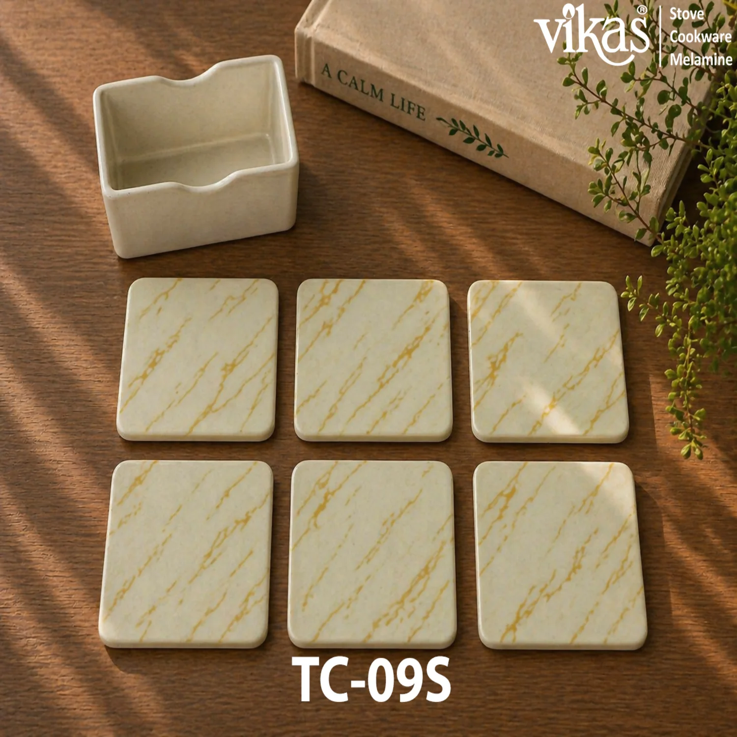 VIKAS Melamine Square Tea Coaster Set with Holder - Image 8