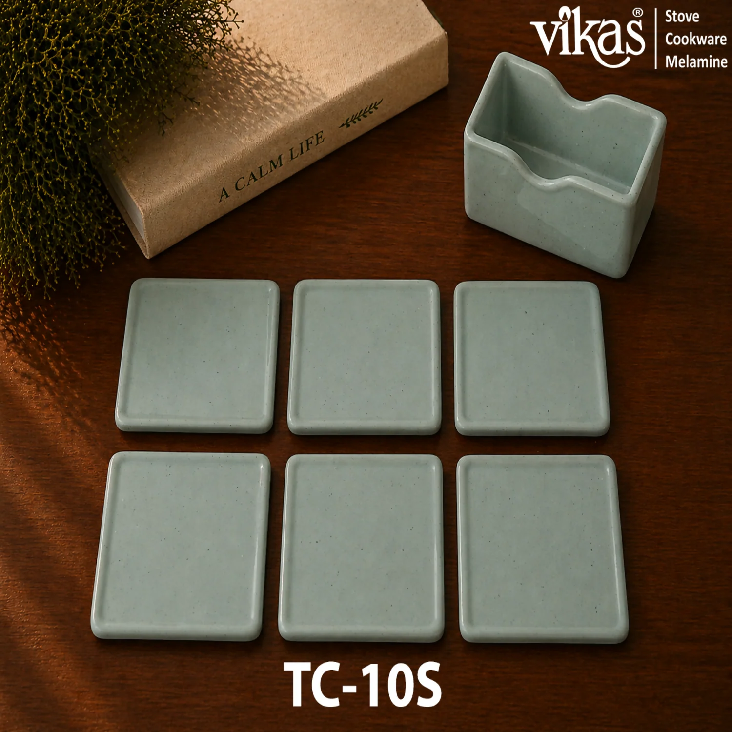 VIKAS Melamine Square Tea Coaster Set with Holder - Image 9