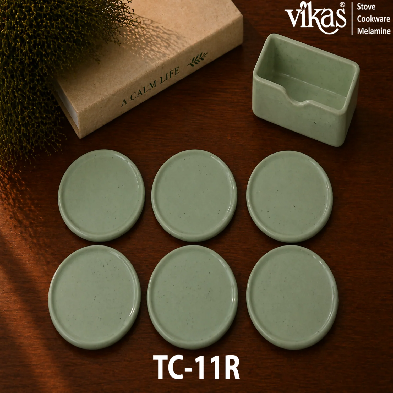 VIKAS Melamine Round Tea Coaster Set with Holder - Image 10