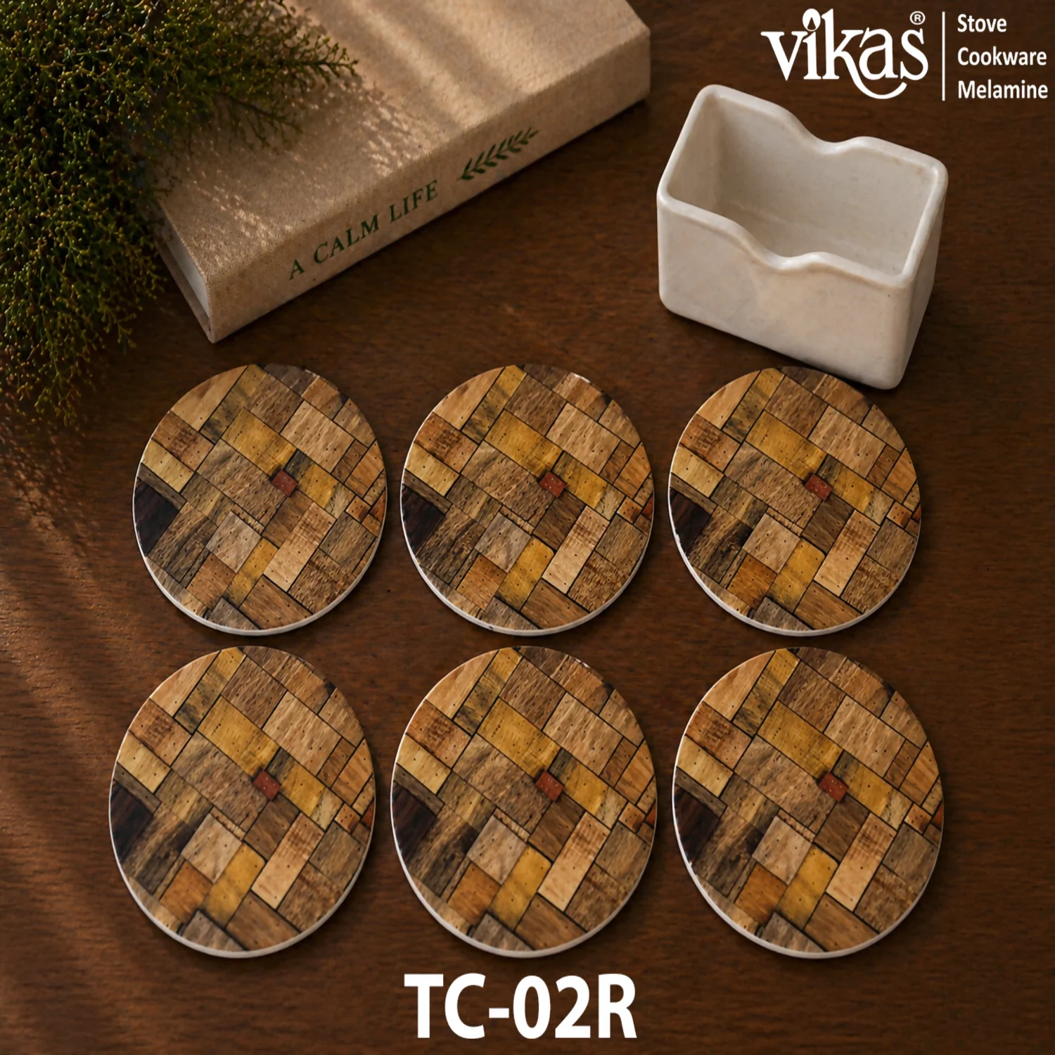 VIKAS Melamine Round Tea Coaster Set with Holder - Image 2