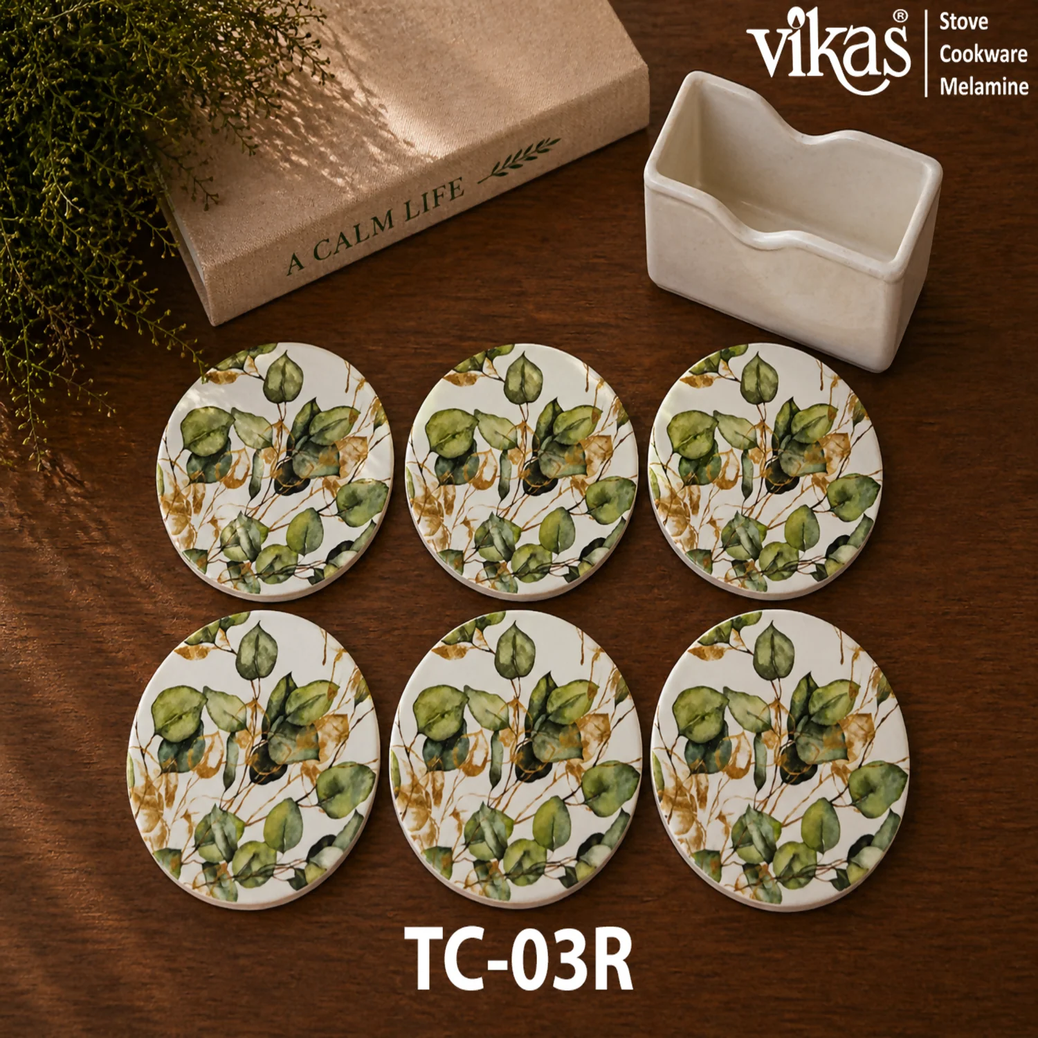VIKAS Melamine Round Tea Coaster Set with Holder - Image 3
