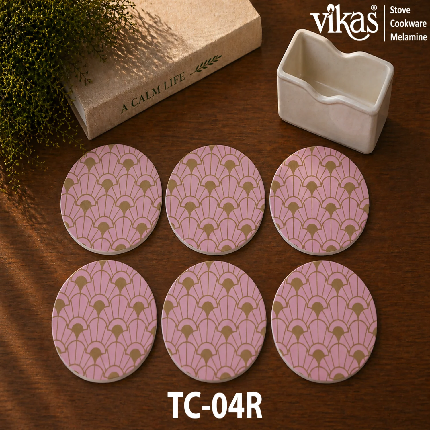 VIKAS Melamine Round Tea Coaster Set with Holder - Image 4