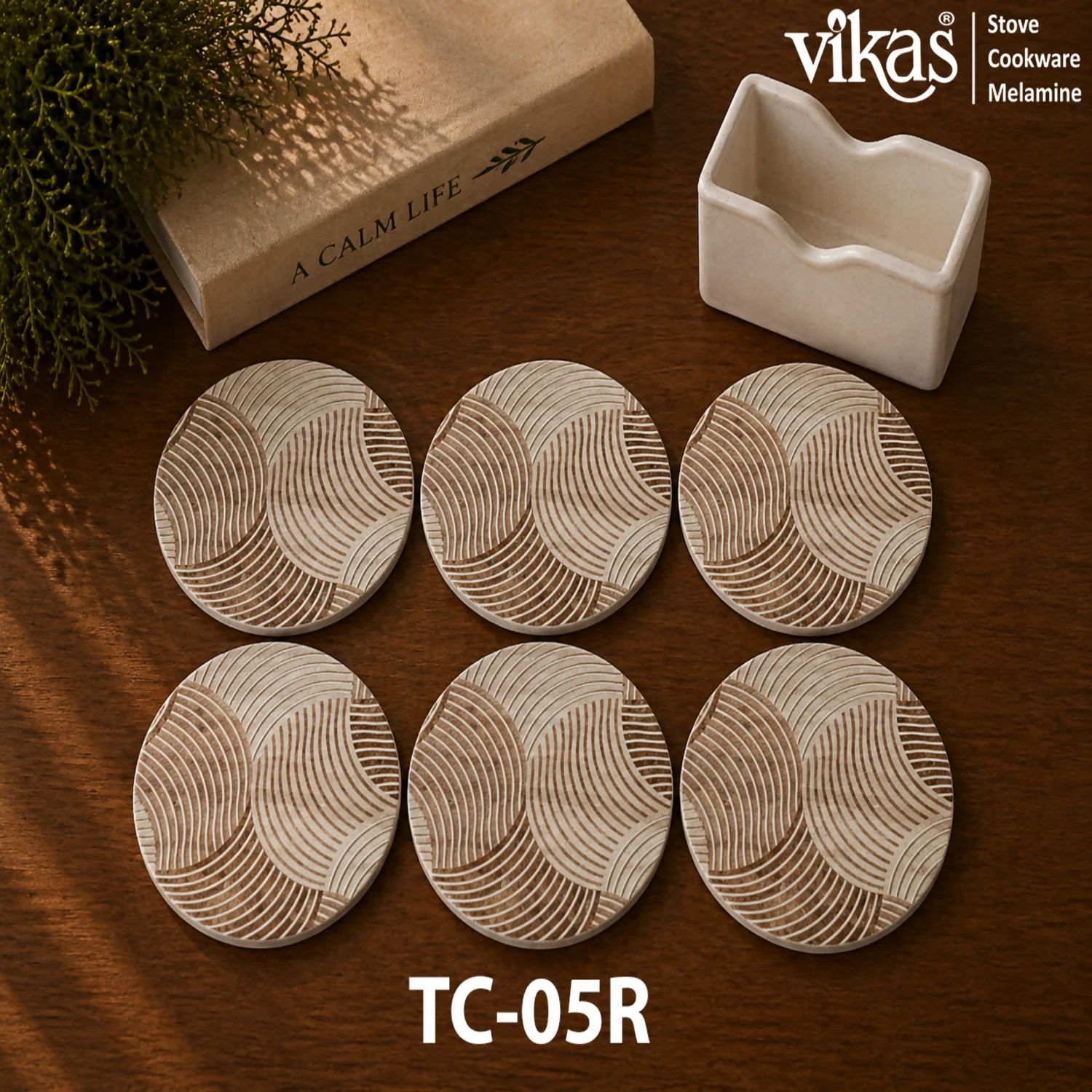 VIKAS Melamine Round Tea Coaster Set with Holder - Image 5