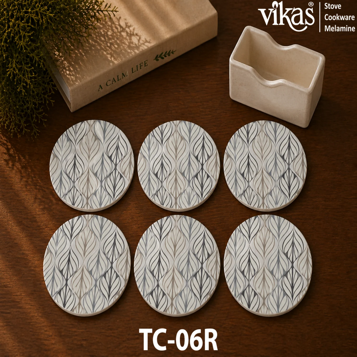 VIKAS Melamine Round Tea Coaster Set with Holder - Image 6
