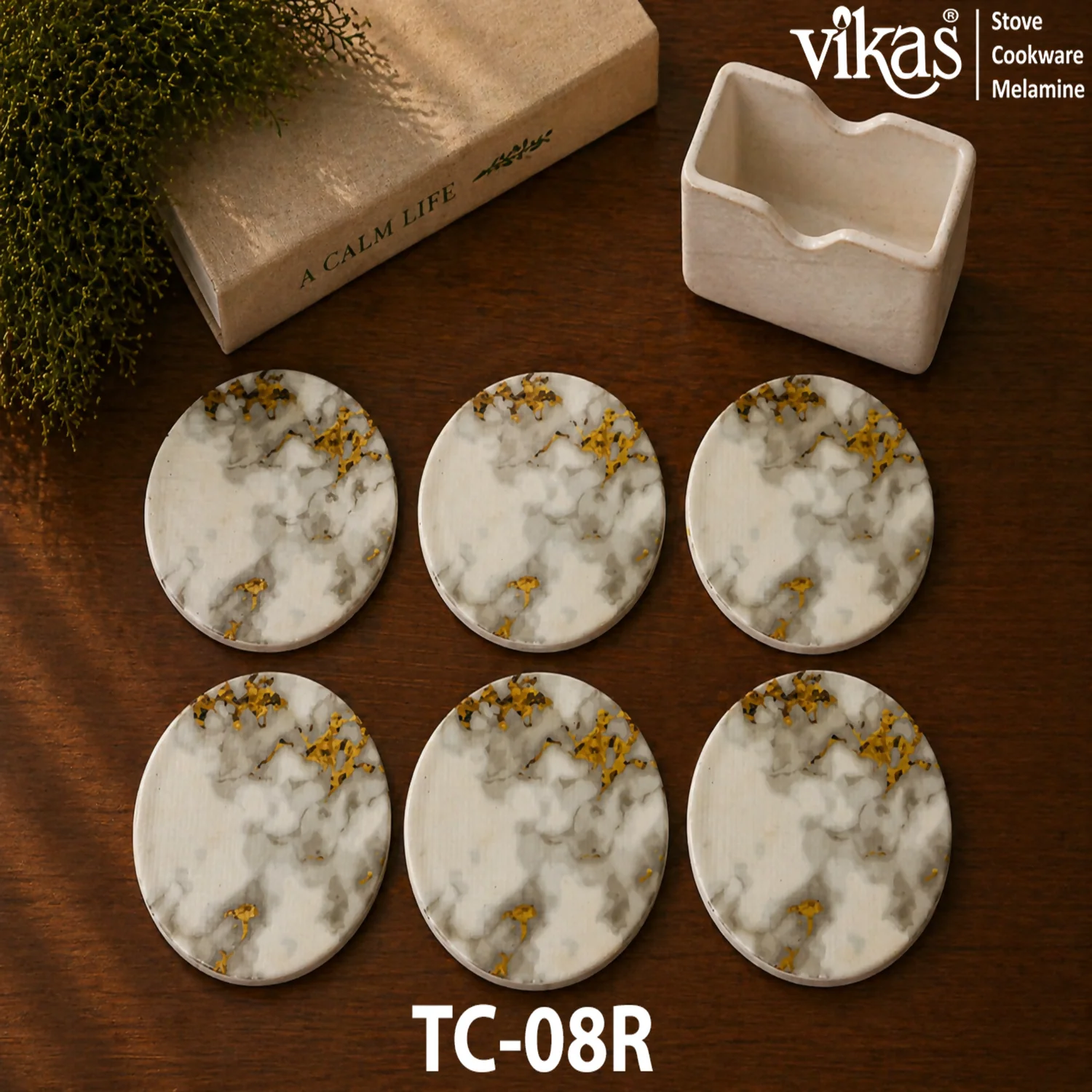 VIKAS Melamine Round Tea Coaster Set with Holder - Image 7