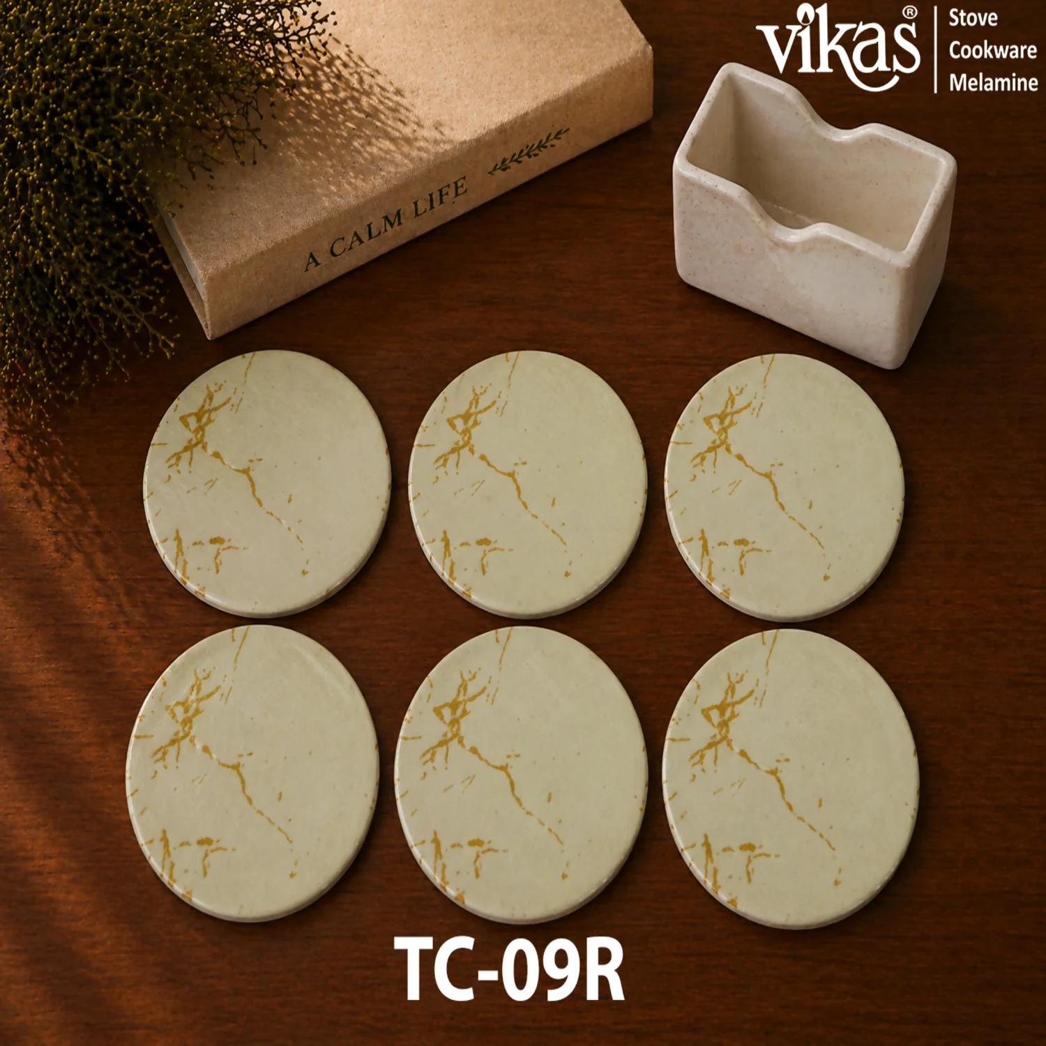 VIKAS Melamine Round Tea Coaster Set with Holder - Image 8
