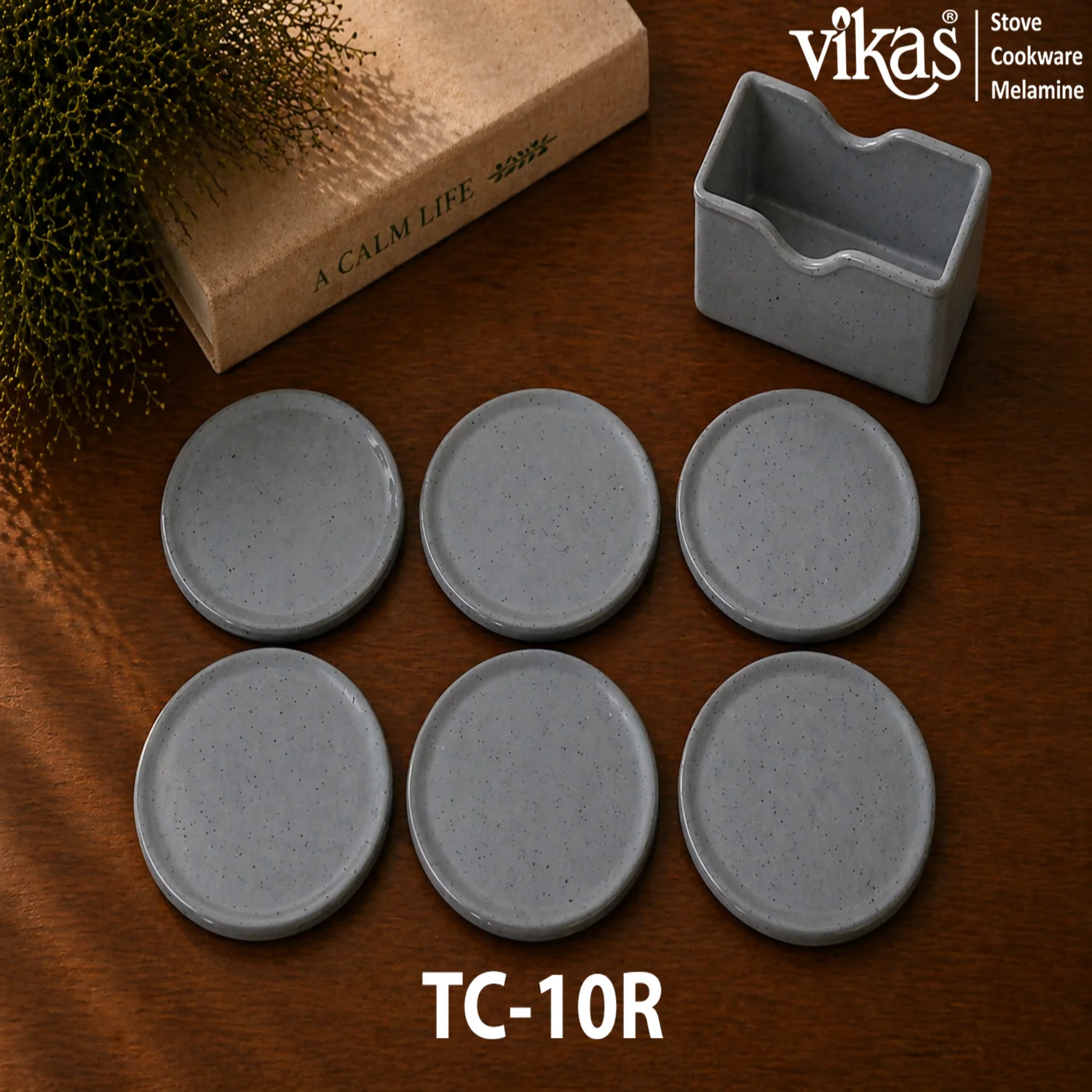 VIKAS Melamine Round Tea Coaster Set with Holder - Image 9