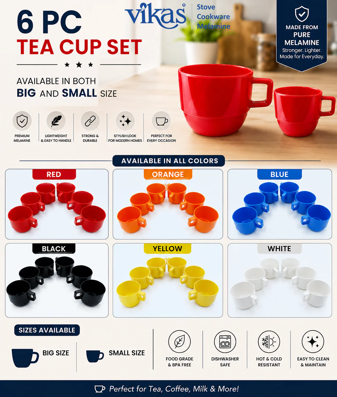 VIKAS MELAMINE TEA CUP SET OF 6 PIECES - Image 8