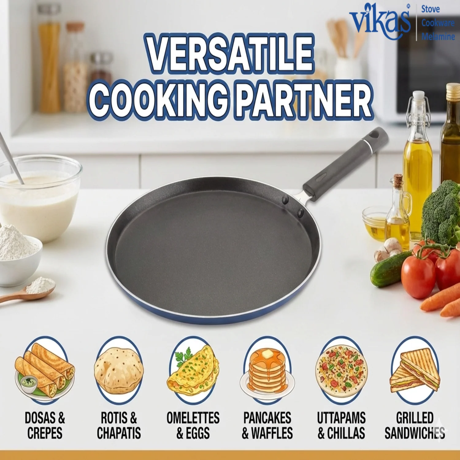 Vikas Non-Stick Dosa Tawa 3.0mm Thick Flat Pan with Bakelite Handle Smooth Cooking Tawa - Image 2