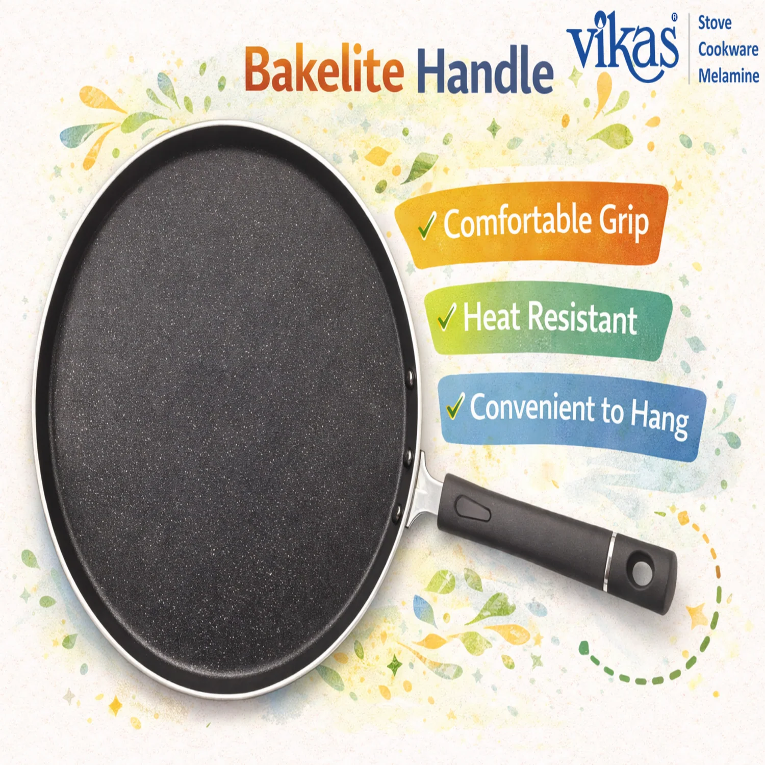 Vikas Non-Stick Dosa Tawa 3.0mm Thick Flat Pan with Bakelite Handle Smooth Cooking Tawa - Image 3