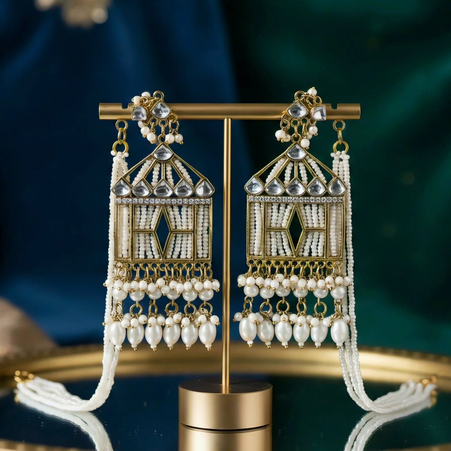 Vintage Birdcage Kundan & Pearl Statement Earrings with Seed Bead Ear-Hanging Chains - Image 2