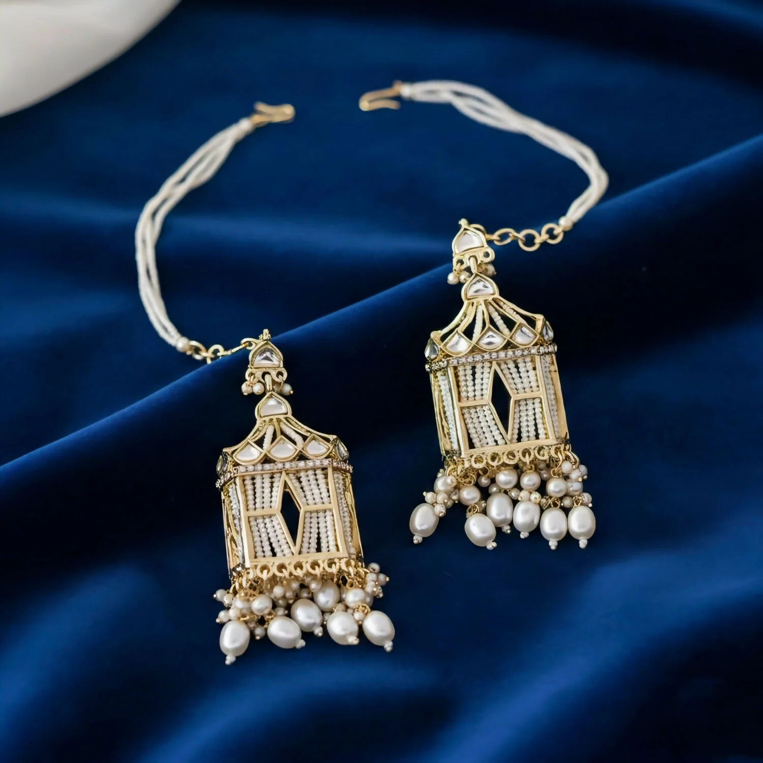 Vintage Birdcage Kundan & Pearl Statement Earrings with Seed Bead Ear-Hanging Chains - Image 3