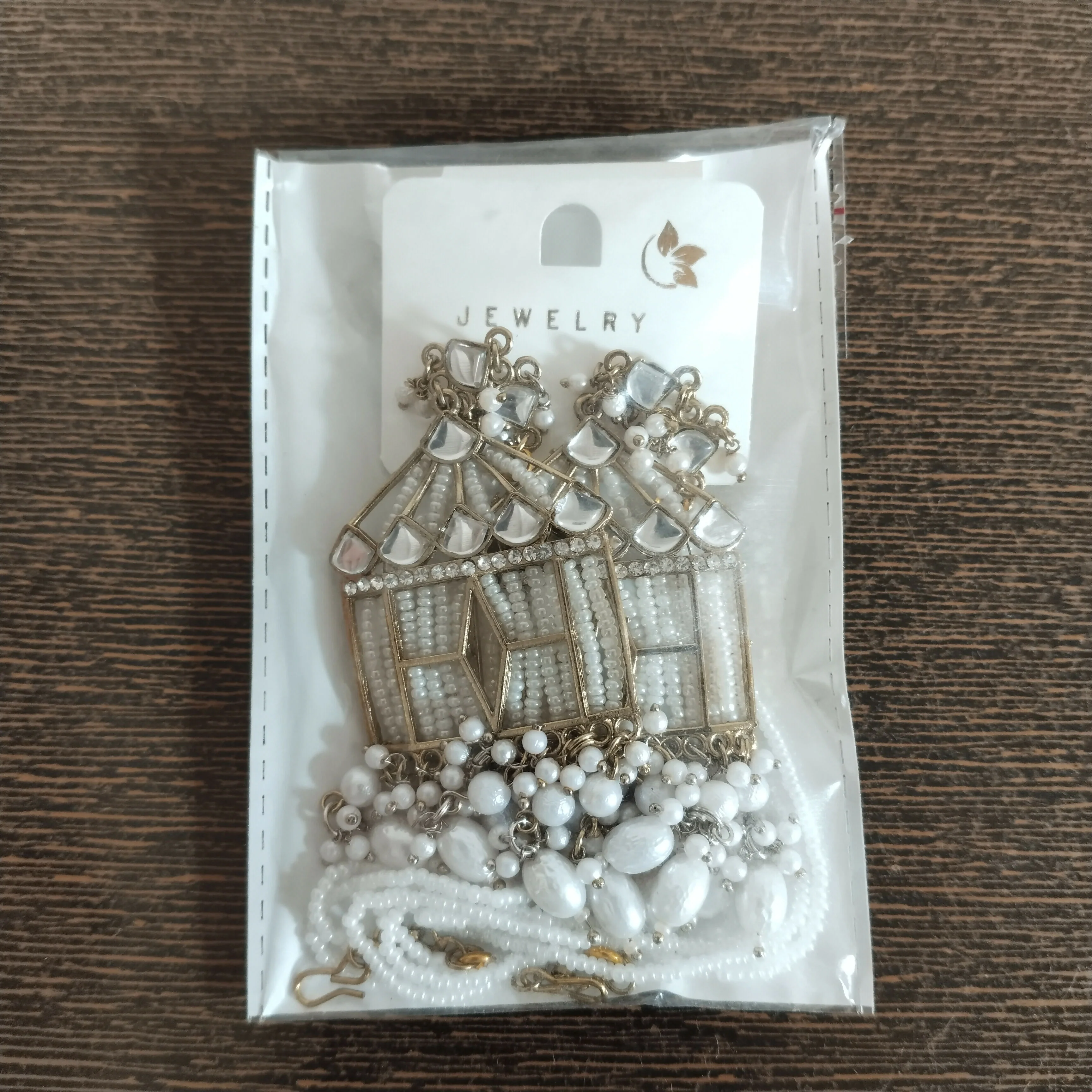 Vintage Birdcage Kundan & Pearl Statement Earrings with Seed Bead Ear-Hanging Chains - Image 4