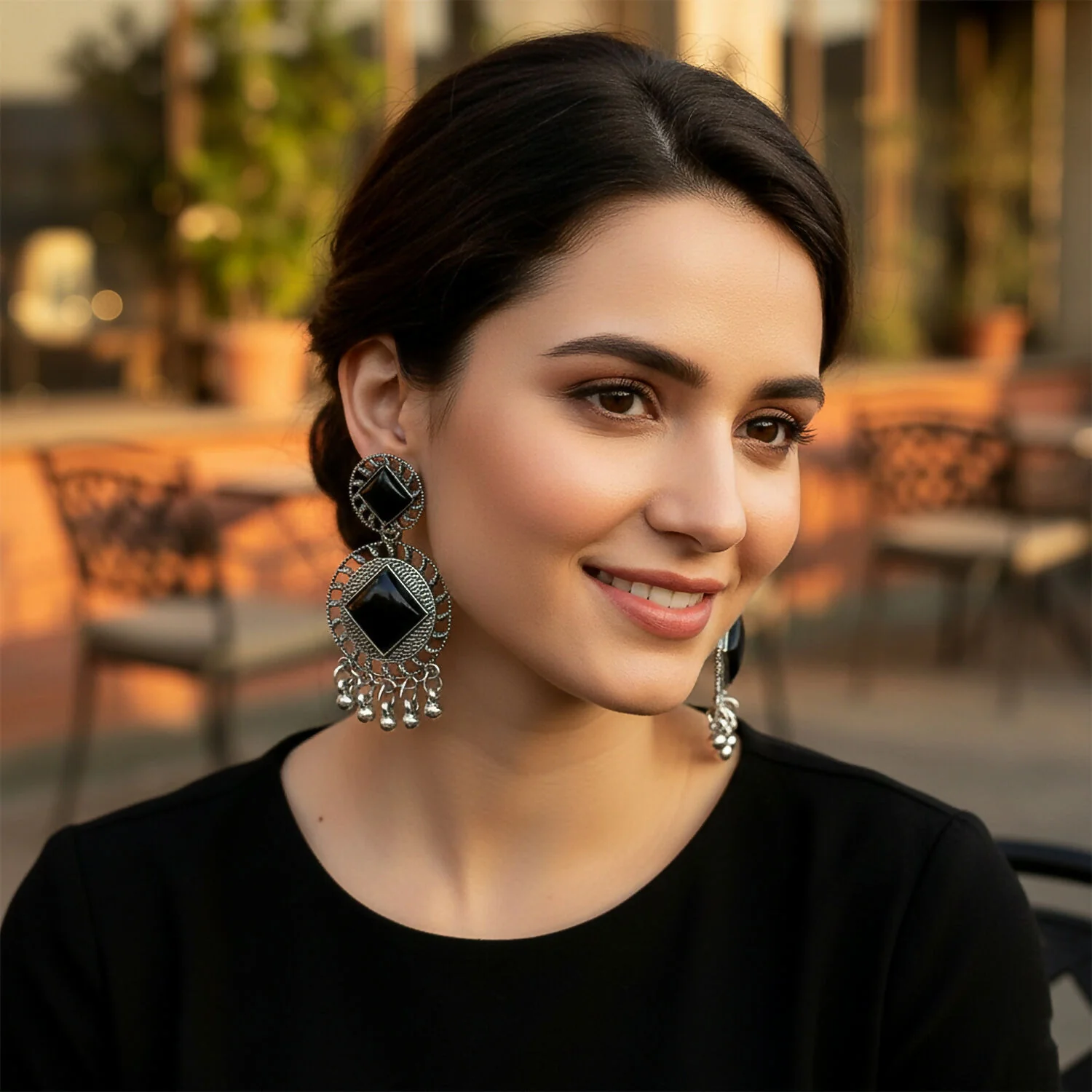 Vintage Charm Black Stone Oxidized Silver Earrings - Image 2