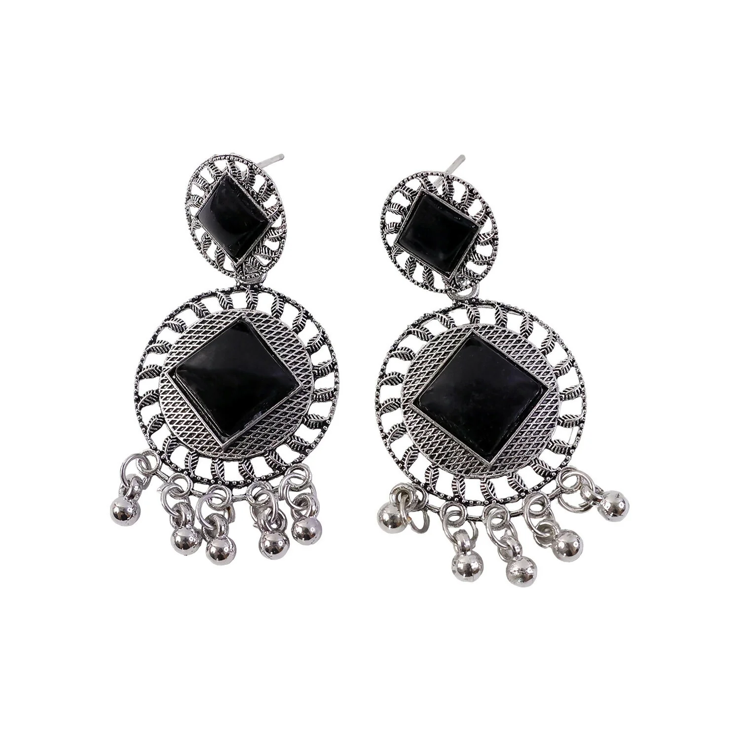 Vintage Charm Black Stone Oxidized Silver Earrings - Image 5