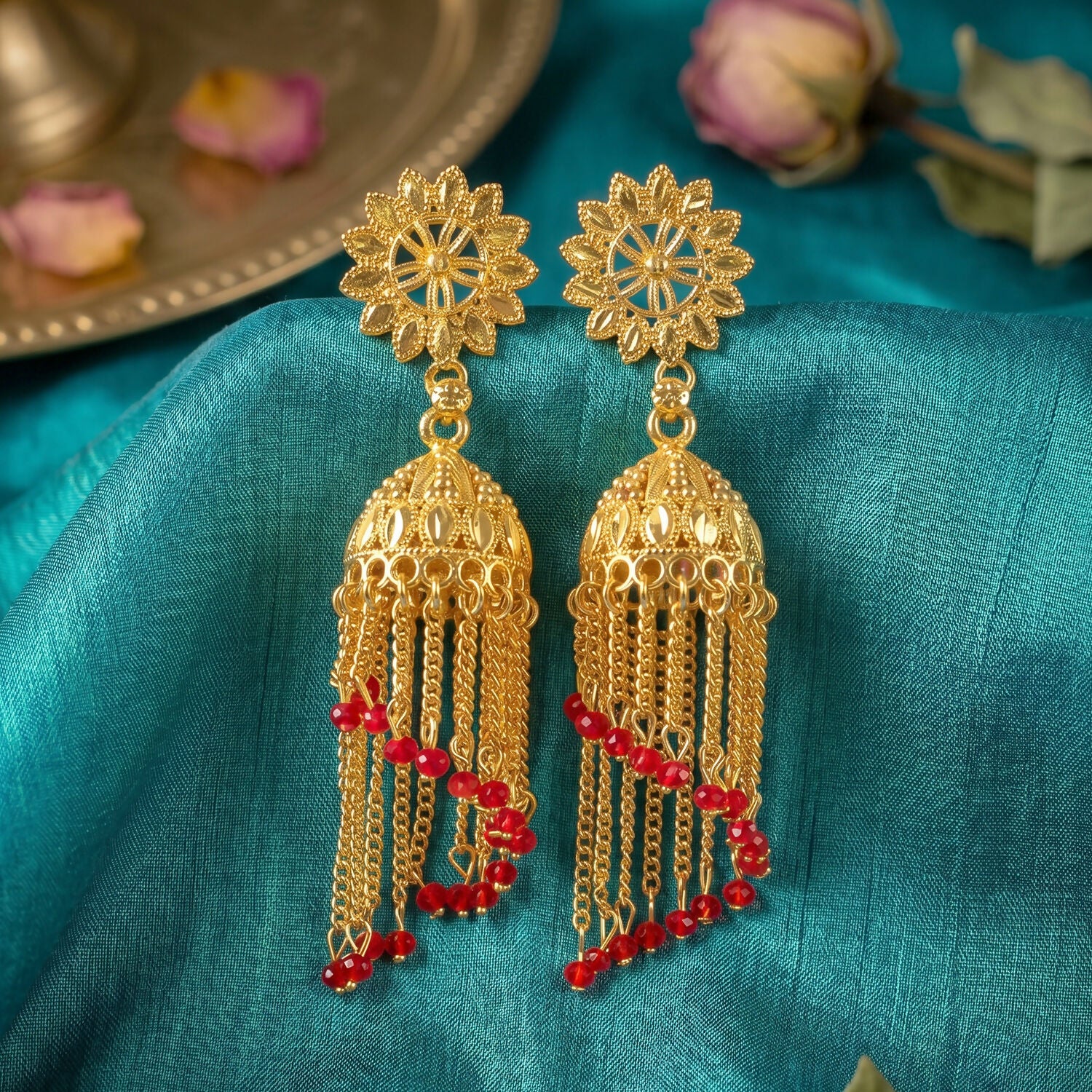 Vintage Gold-Plated Jhumka Earrings with Pearl Accents for Traditional Celebrations - Image 2