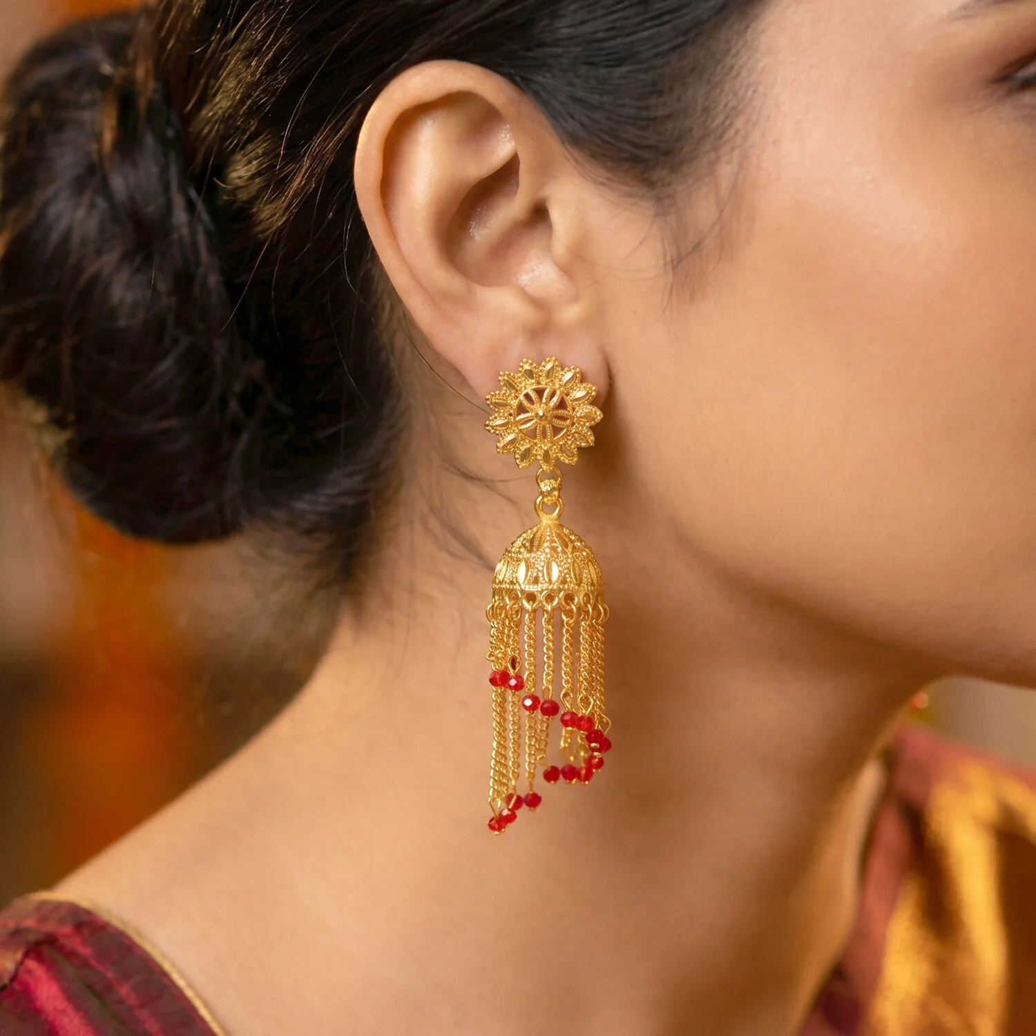Vintage Gold-Plated Jhumka Earrings with Pearl Accents for Traditional Celebrations - Image 3