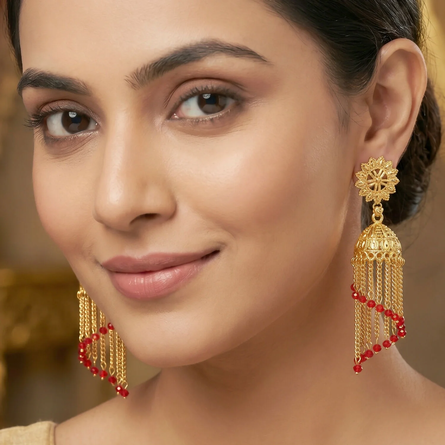 Vintage Gold-Plated Jhumka Earrings with Pearl Accents for Traditional Celebrations - Image 5