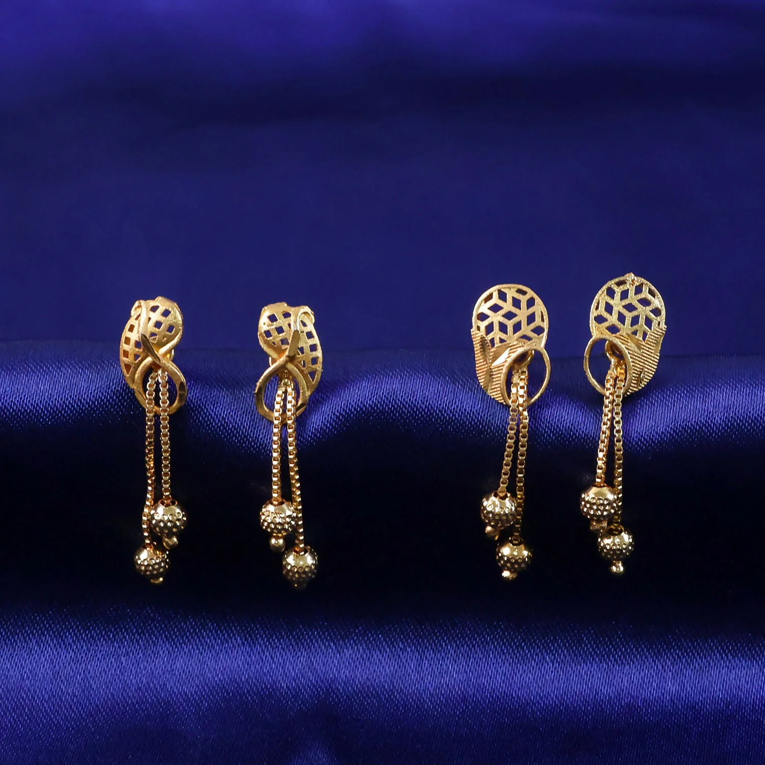 Vintage Inspired Geometric Gold Drop Earrings with Triple Bead Chain Drops (2 Pair) - Image 2
