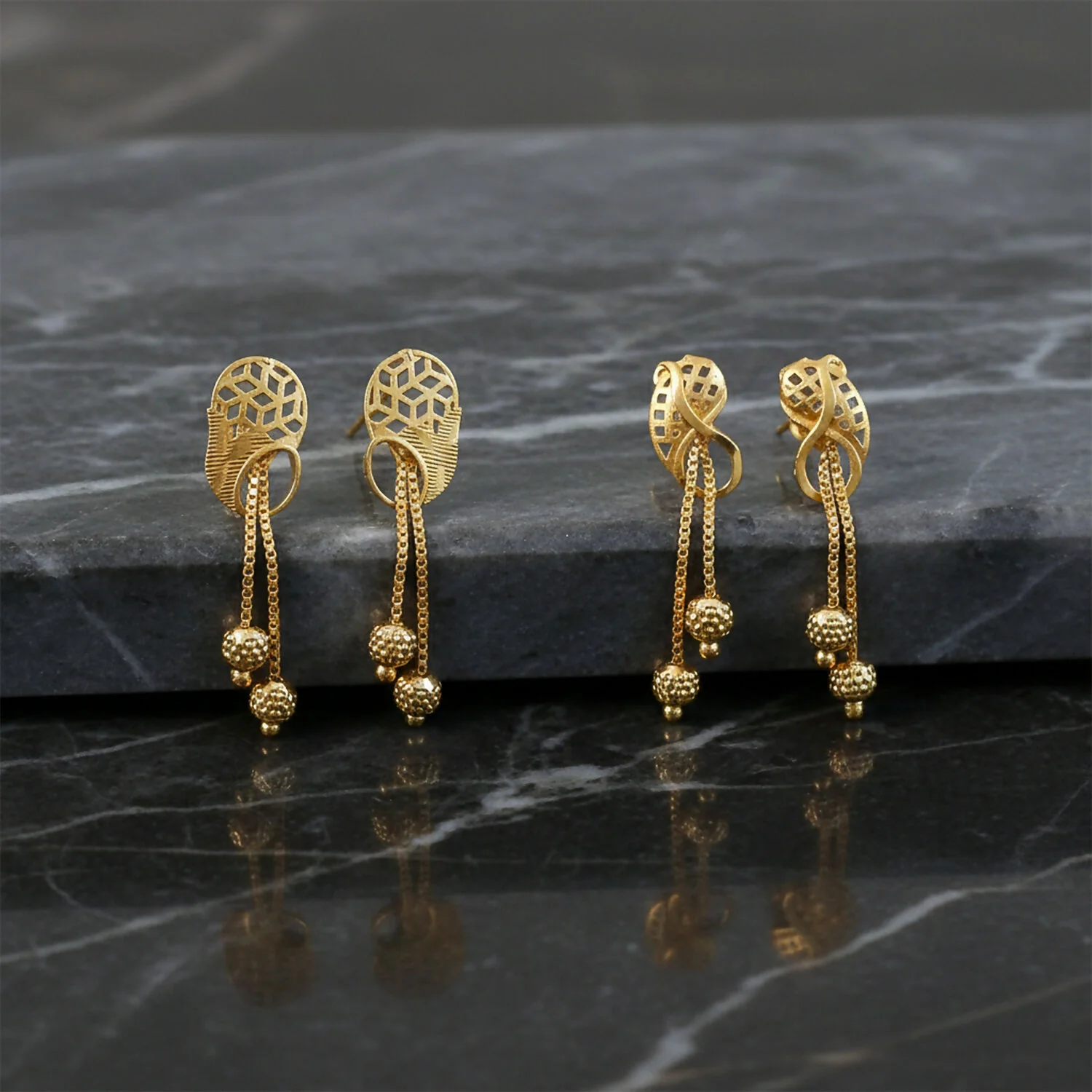 Vintage Inspired Geometric Gold Drop Earrings with Triple Bead Chain Drops (2 Pair) - Image 3