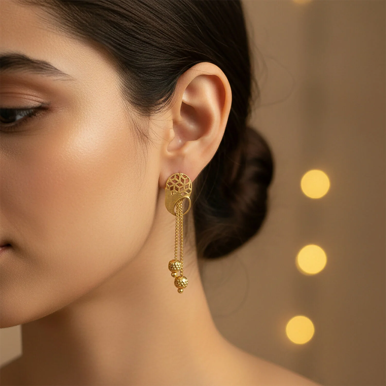 Vintage Inspired Geometric Gold Drop Earrings with Triple Bead Chain Drops (2 Pair) - Image 4
