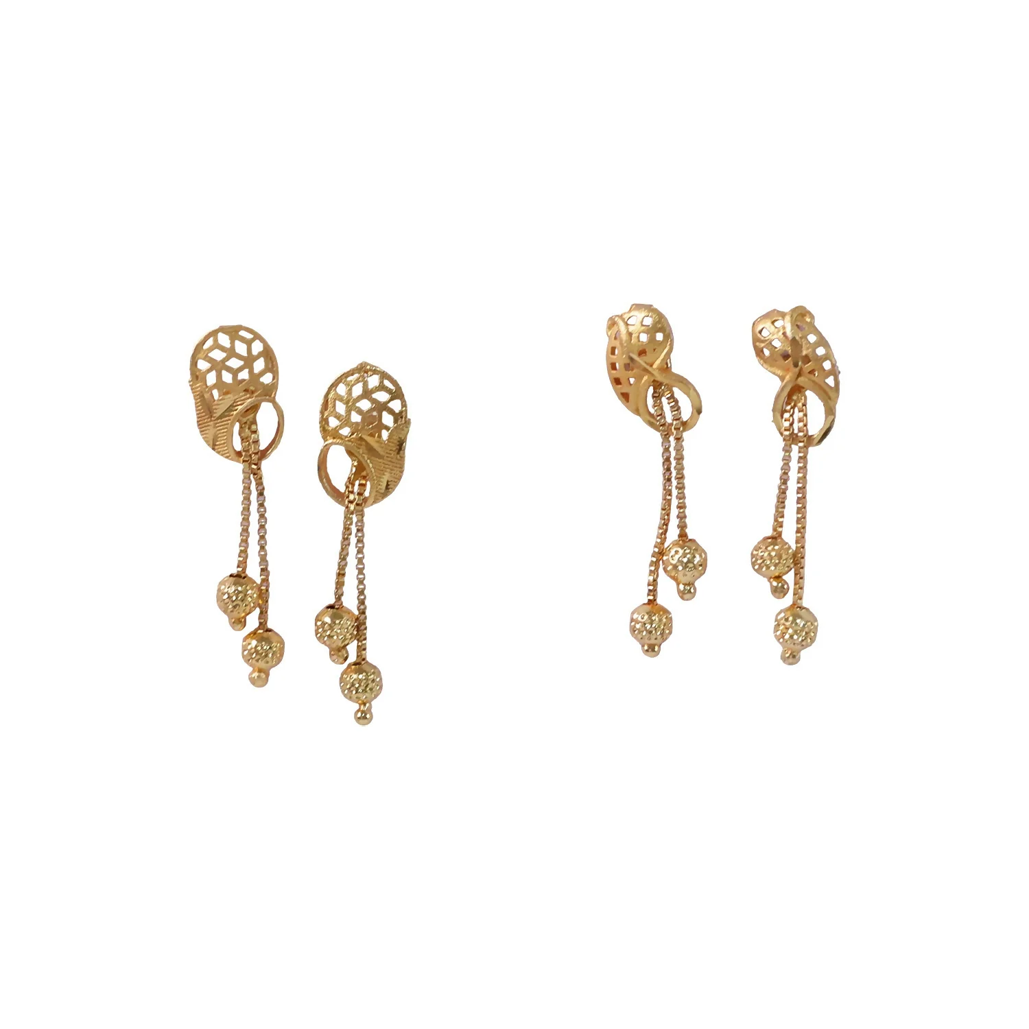 Vintage Inspired Geometric Gold Drop Earrings with Triple Bead Chain Drops (2 Pair) - Image 5