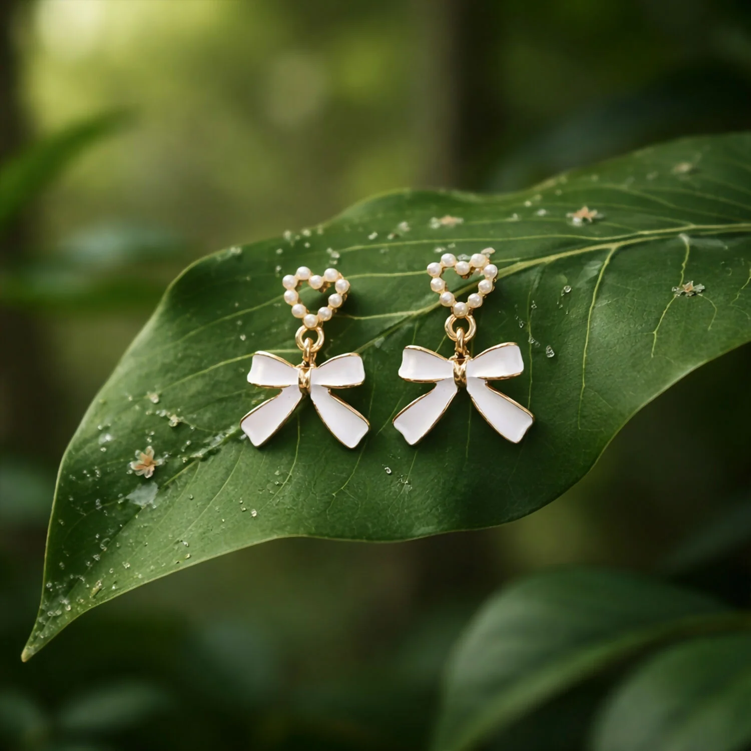 Vintage-Inspired Pearl Heart & Bow Drop Earrings – Elegant Gold-Trimmed Statement Jewelry - Image 6