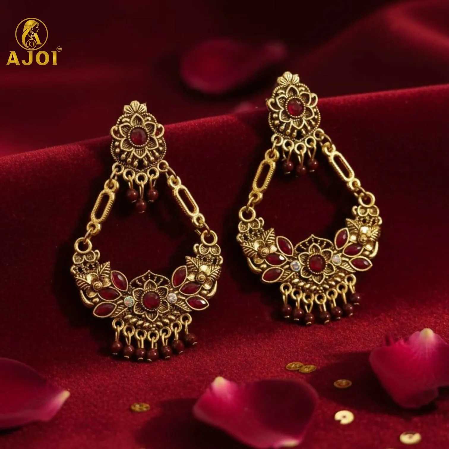 Vintage Maroon Floral Chandbali Earrings