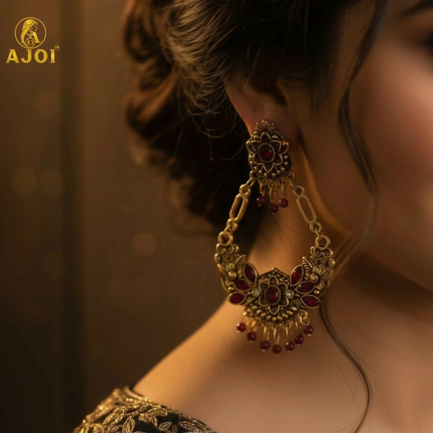 Vintage Maroon Floral Chandbali Earrings - Image 2