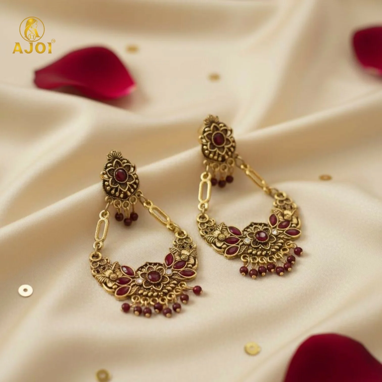 Vintage Maroon Floral Chandbali Earrings - Image 3