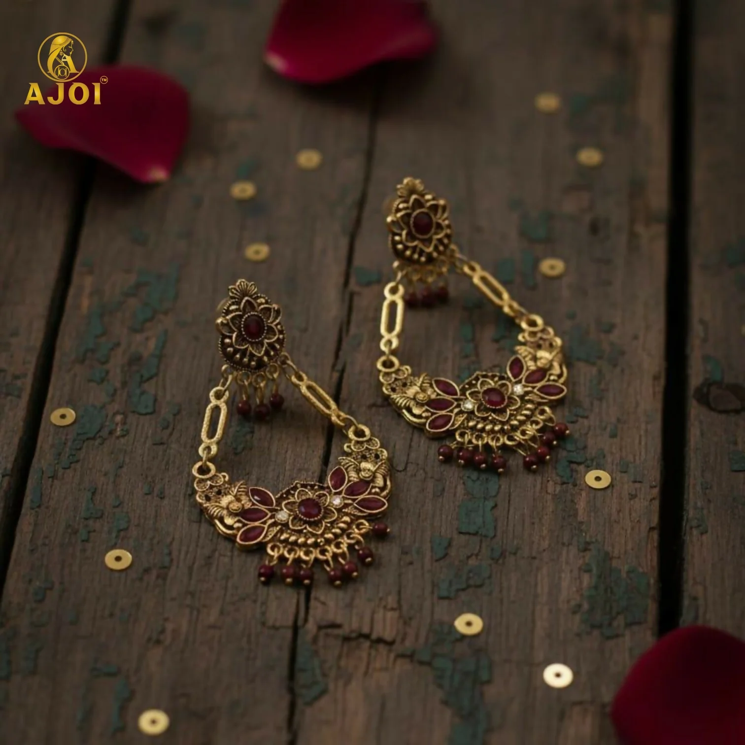 Vintage Maroon Floral Chandbali Earrings - Image 4